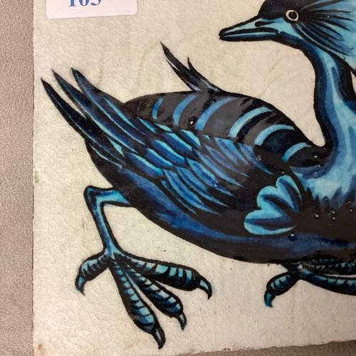 105 - WILLIAM DE MORGAN, A blue and white tile of a stylised bird, stamped verso W DE MORGAN, 15.5 x 15.5c... 