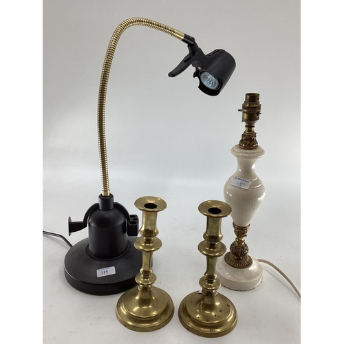 115 - Pair of gilt brass candle sticks and a modern adjustable wall lamp and one other