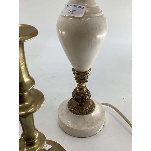 115 - Pair of gilt brass candle sticks and a modern adjustable wall lamp and one other