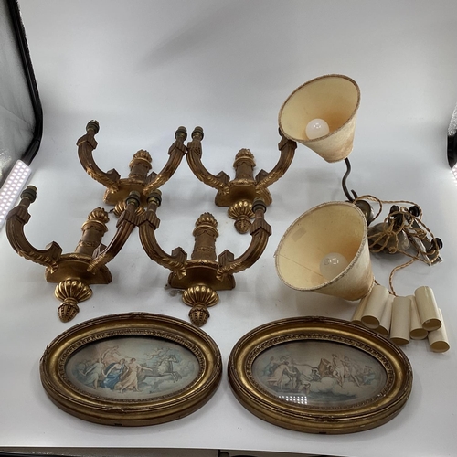 126 - Set of 4 Two branch wall sconces, and a two branch celling light