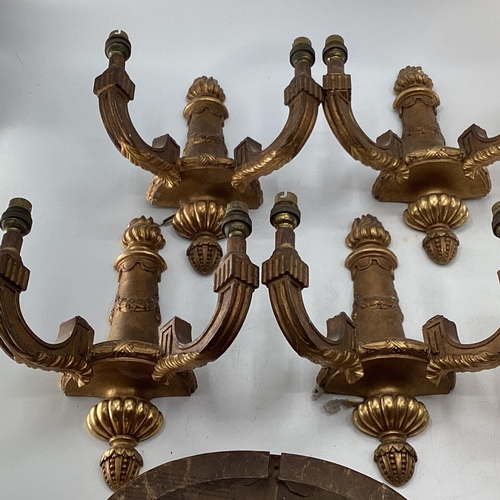 126 - Set of 4 Two branch wall sconces, and a two branch celling light