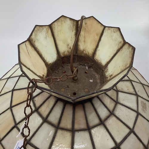 128 - Large Tiffany Style lead glass celling lamp shade, some damage and losses, 53cm d