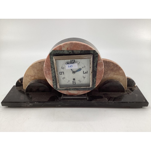 143 - An Art Deco marble mantle clock and garniture Width 60, Height 40 and Depth 13 cm Clock Height 18 cm... 