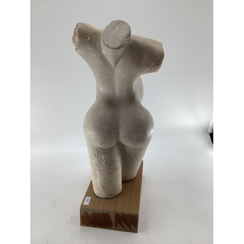 146 - A marble torso bust of a pregnant lady on a wooden plinth base 59cmH Manor of Luther Hampton