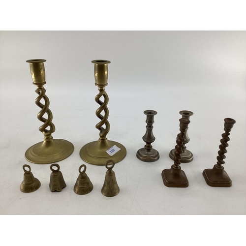 148 - Collection of brass items to include 3 pairs of candlesticks