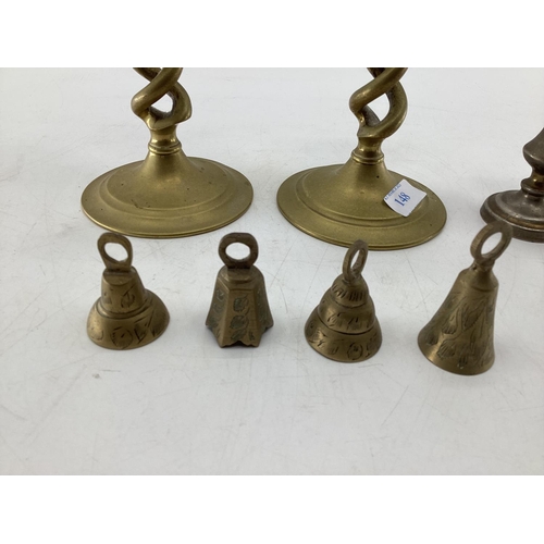 148 - Collection of brass items to include 3 pairs of candlesticks