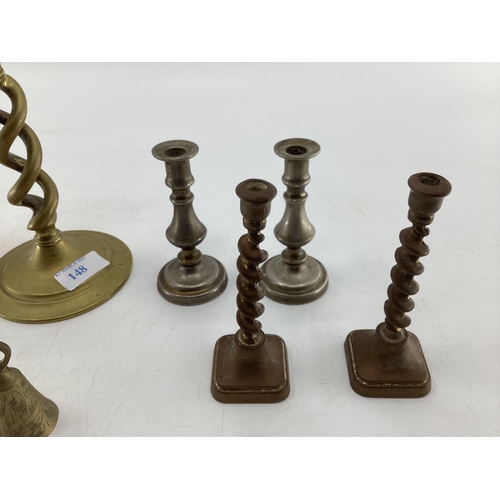 148 - Collection of brass items to include 3 pairs of candlesticks