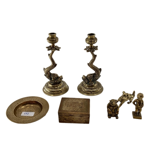 152 - Collection of brass items to include a pair of stylised dolphin candlesticks etc