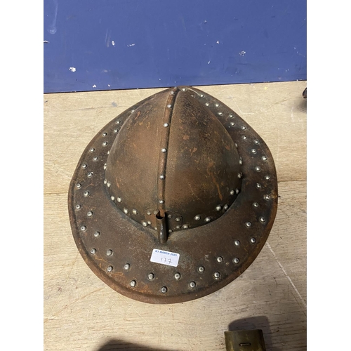 177 - A reproduction/reinactment , Lobster pot helmet on stand, together with studded kettle helmet, tunic... 