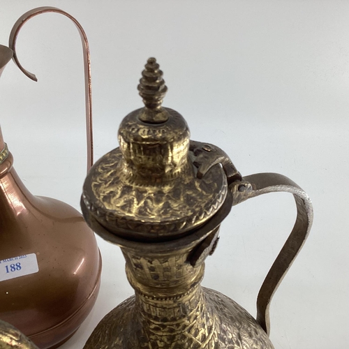 188 - A collection of metalware to include Middle Eastern style ewers, trench art and other items