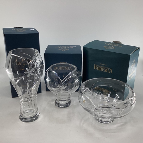 194 - Three boxed Bohemia glass crystal items, two vases and a bowl