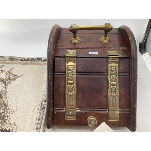 210 - Wooden coal scuttle, with brass handle and hinges, and a picture as a relief of a stags head