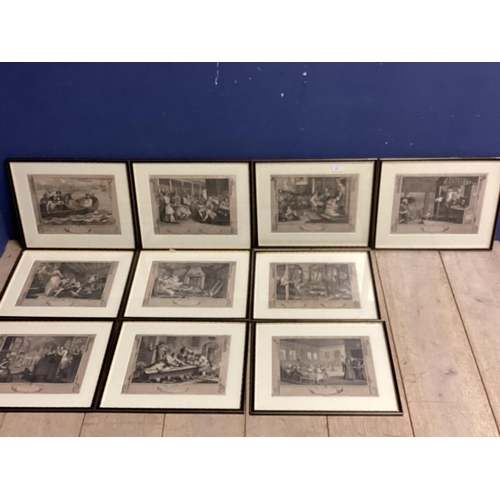 396 - Set of ten etching prints in black glazed frames stamped William Hogarth 25cm x 36cm