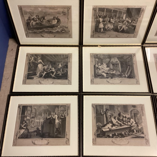 396 - Set of ten etching prints in black glazed frames stamped William Hogarth 25cm x 36cm