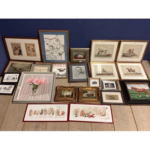 397 - Large collection of original artworks and prints to include equestrian still life and advertising pr... 