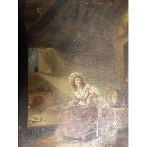 400 - Oil on canvas interior country scene in an unglazed gilt frame, French watercolour street scene indi... 