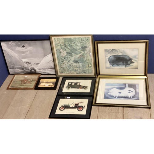 404 - Mixed lot of framed prints to include images of pigs, classic motor etc various sizes