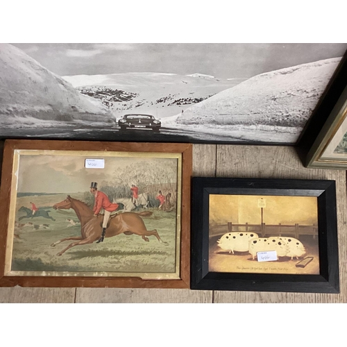 404 - Mixed lot of framed prints to include images of pigs, classic motor etc various sizes