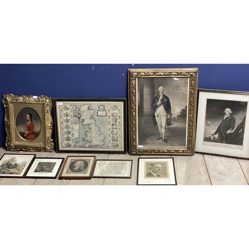 407 - Collection of pictured and prints to include an oil on board of a C19th lady in an oval gilt frame, ... 