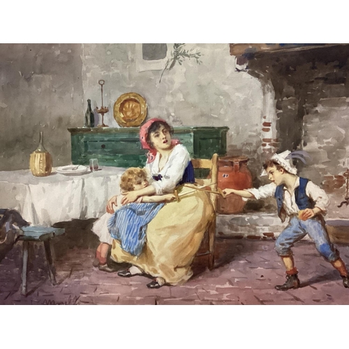 413 - Leonardo Morello 19th/20th Italian School watercolour  On Canvas - 'At Play' Children and Mother, Si... 