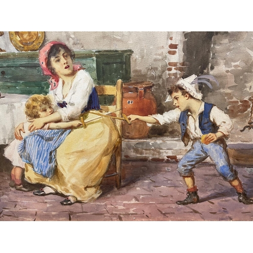 413 - Leonardo Morello 19th/20th Italian School watercolour  On Canvas - 'At Play' Children and Mother, Si... 