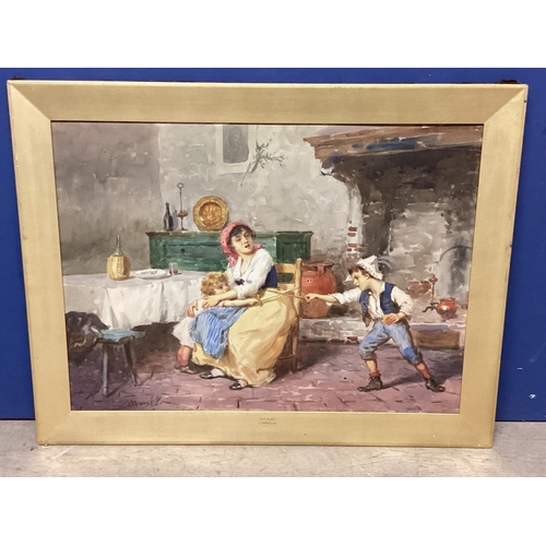 413 - Leonardo Morello 19th/20th Italian School watercolour  On Canvas - 'At Play' Children and Mother, Si... 