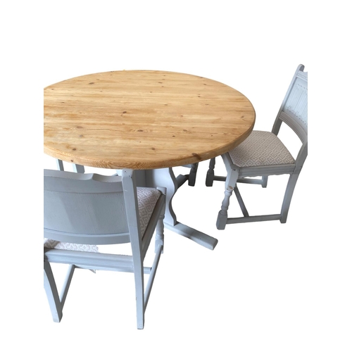 446 - Grey painted pedestal table, with four grey chairs with drop in seats, as found (there are four chai... 