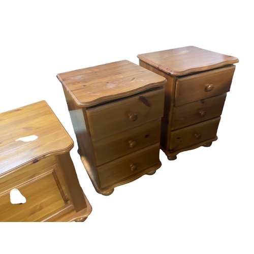 451 - SIX ITEMS of modern pine furniture including small wardrobe, two chest of drawers, trunk and bedside... 