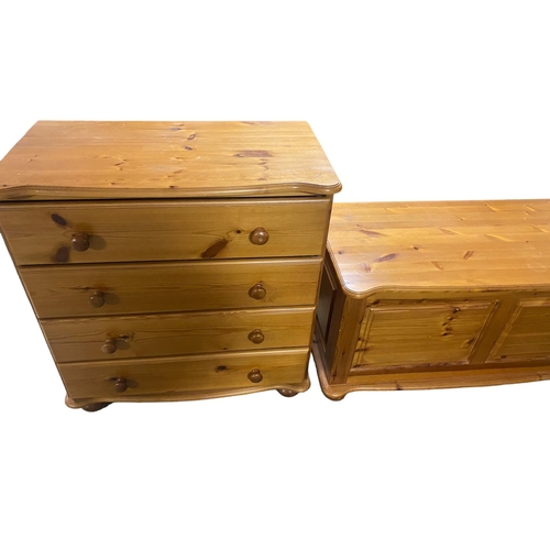 451 - SIX ITEMS of modern pine furniture including small wardrobe, two chest of drawers, trunk and bedside... 