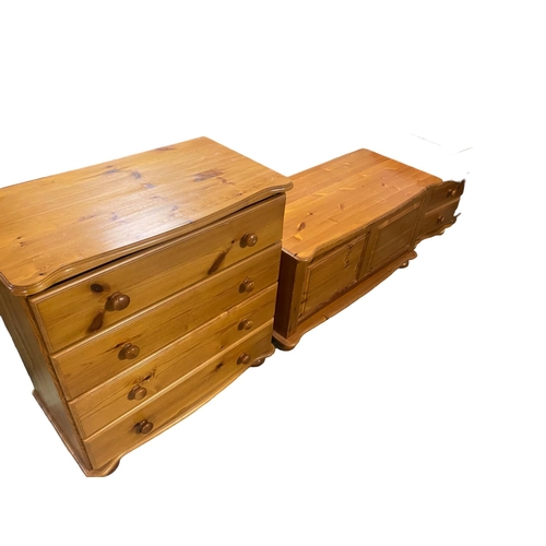 451 - SIX ITEMS of modern pine furniture including small wardrobe, two chest of drawers, trunk and bedside... 