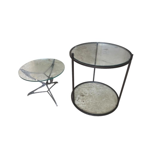 445 - Two modern small glass side tables, with some wear Larger - Diameter 60cm x 66cm H