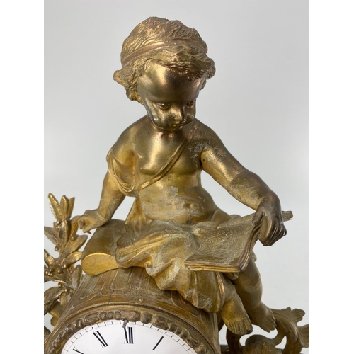 209 - A French Japy Frere gilt mantle clock, surmounted by Cherub figure reading a book, in a glass dome. ... 