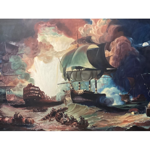 419 - M Topham (British XX), oil on canvas of a maritime battle scene, in gilt ebonised frame, 60x 90cm