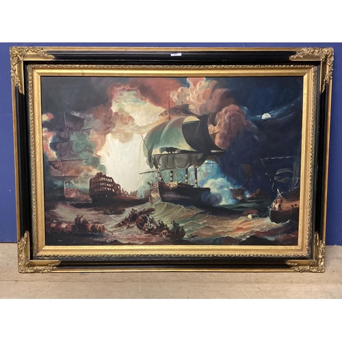 419 - M Topham (British XX), oil on canvas of a maritime battle scene, in gilt ebonised frame, 60x 90cm