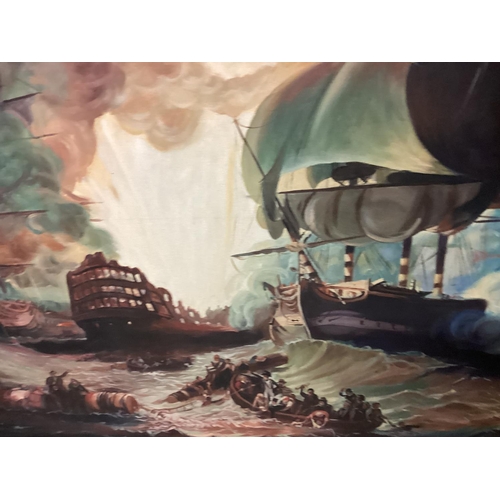 419 - M Topham (British XX), oil on canvas of a maritime battle scene, in gilt ebonised frame, 60x 90cm