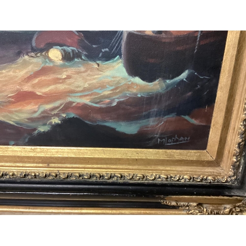 419 - M Topham (British XX), oil on canvas of a maritime battle scene, in gilt ebonised frame, 60x 90cm