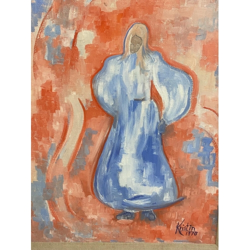 411 - A decorative, Late C20th, oil on canvas, abstract of a lady, in blues, pinks and red wash, and signe... 