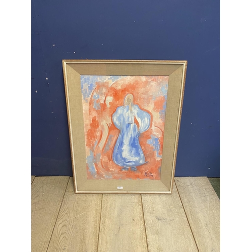 411 - A decorative, Late C20th, oil on canvas, abstract of a lady, in blues, pinks and red wash, and signe... 