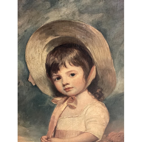 415 - Reproduction oil on canvas, young Victorian Girl, labelled verso 'Miss Willoughby by Romney' in an u... 