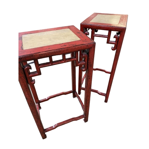 622 - Pair of tall modern Chinese red coloured stands, with inset top 45cm W x 35cm D x 85cm H