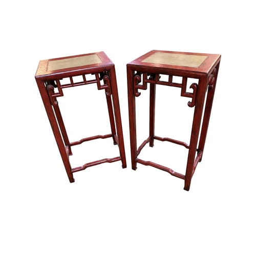 622 - Pair of tall modern Chinese red coloured stands, with inset top 45cm W x 35cm D x 85cm H