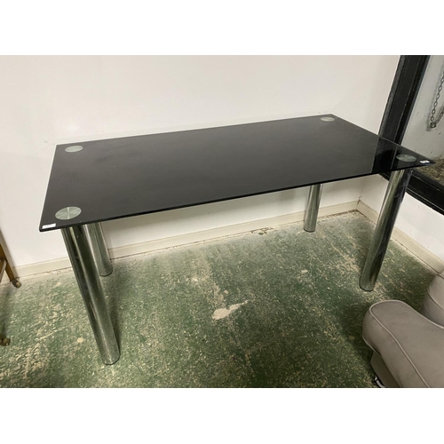 630 - Modern glass black and chrome table 150 x 74 x 76cmH, and a grey sofa