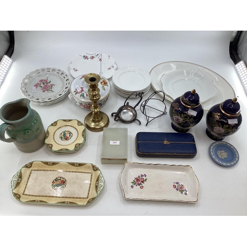 105 - Misc. collection of items to include, Onyx Box Wedgewood items and a candlestick