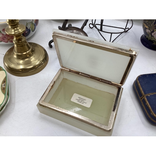 105 - Misc. collection of items to include, Onyx Box Wedgewood items and a candlestick