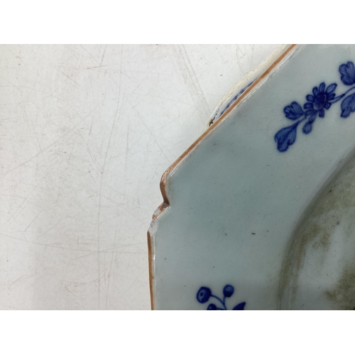 108 - Four blue and white serving dishes together with a porcelain circular tray with gilt handles, larges... 