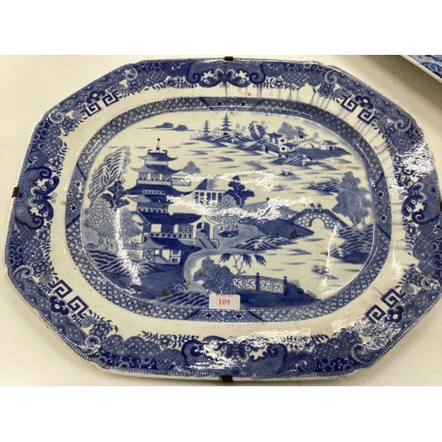 109 - Two large late C19th blue and white oriental style meat plates, largest 54cm x 40cm