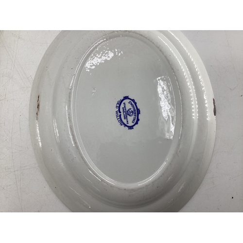 110 - Four ceramic Willow Pattern serving dishes, largest 43cm x 35cm (some wear etc, see images)