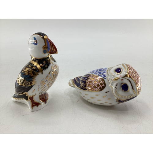 112 - Two Royal Crown Derby ceramic birds (a puffin and an owl)