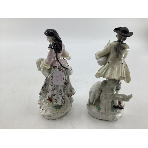 113 - Pair of Derby Porcelain figures, gentleman playing bagpipes together with a lady carrying flowers an... 