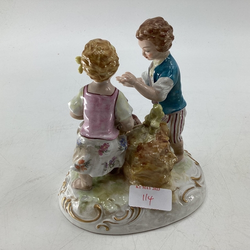 114 - Two Meissen style figural groups, blue crossed sword mark to base.  Largest is 19cm H (some wear and... 